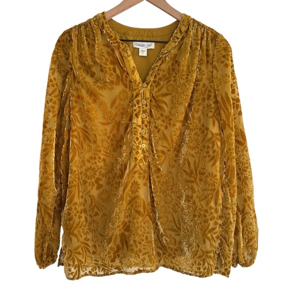 Coldwater Creek Mustard Yellow Velvet Burnout Blouse Size Small Floral Boho - Picture 1 of 16